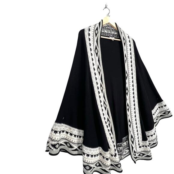 Crown & Ivy Black Cream Cape Poncho Knit Long Open Cardigan Sweater One Size - Picture 3 of 8